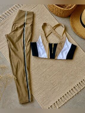 Set of 2 Colorblock Zip-Front Sports Bra and Athleta Leggings - Tan/White/Black